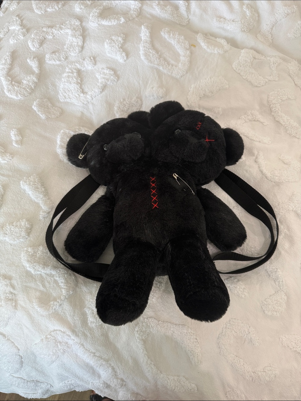Black Double-Headed Teddy Bear Plush Backpack